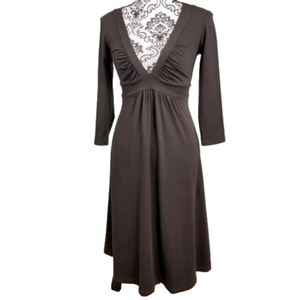 Susana Monaco V Neck 3/4 Sleeve Dress Dark Brown Midi Size S